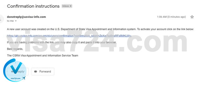 ارسال ایمیل تایید حساب ویزا 724