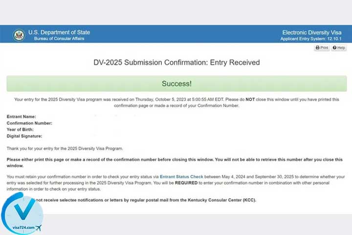پیام موفقیت آمیز بودن ثبت نام لاتاری آمریکا ویزا724